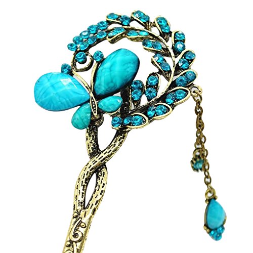 Zerama Clip di cristallo farfalla ragazze Donne Vintage tornante dei capelli del foglio Stick bacchette con catena nappa