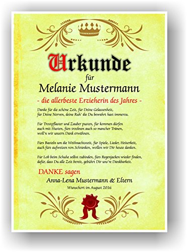 Urkunde zum Abschied Kindergarten Kita persönliches Geschenk Urkunde für Erzieherin mit 8 Motiven zur Auswahl - 5