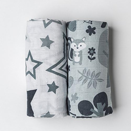Grey Stars &amp; Woodland Extra Large Premium Muslin Swaddle Blankets 120cm x 120cm 100% Cotton