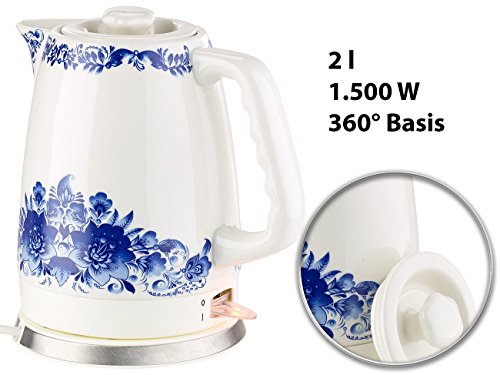 Rosenstein & Söhne Keramik-Wasserkocher WSK-280.rtr mit blauem Blumen-Motiv, 2 l, 1.500 W - 2