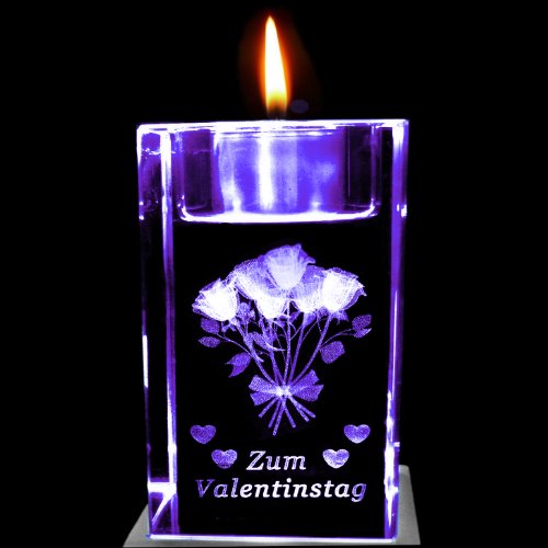 Kaltner Präsente Stimmungslicht – Das perfekte Geschenk: LED Kerze / Kristall Glasblock / 3D-Laser-Gravur Teelichthalter Blumen ZUM VALENTINSTAG - 7