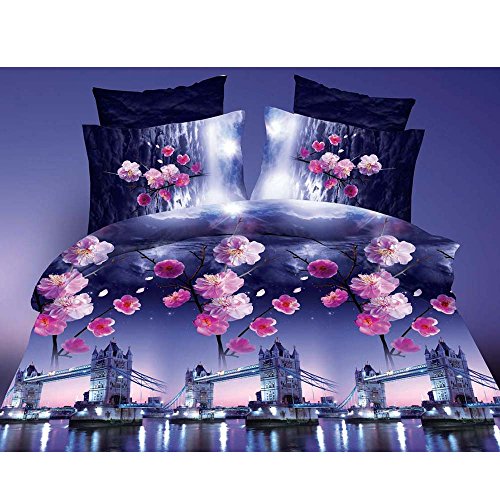 Anself 4pcs 3D Printed Bedding Set Bedclothes Tower Bridge and Plum Blooming Queen Size Duvet Cover+Bed Sheet+2 Pillowcases Home Textiles