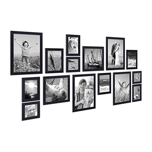 15er Set Bilderrahmen Modern Schwarz Massivholz 10x15 bis 20x30 cm inklusive Zubehör zur Gestaltung einer Collage / Bildergalerie