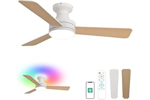 Orison 42-Inch Ceiling Fans with Lights, Low Profile, Flush Mount, Features RGB Backlight, Dimmable Lighting, 6 Speeds, 3 Reversible Blades, Remote and App Control, White