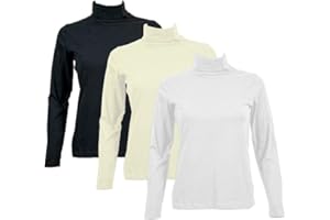TEX LEAVES Pack 3 Camisetas de Algodón para Mujer con Cuello Alto Manga Larga