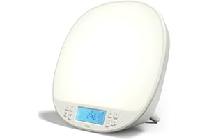 i-box Lampe de Luminothérapie Reveil Simulateur d'Aube 10 000 Lux avec bande FM, Simulation de Lever/Coucher du Soleil, LED sans UV, Station Météo, Sons de la Nature