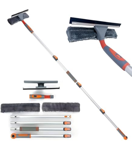 SINYUM 2-in-1 Window Squeegee Duster With 5-12 Foot Extension Pole - 20+ Ft Reach Cleaning Kit