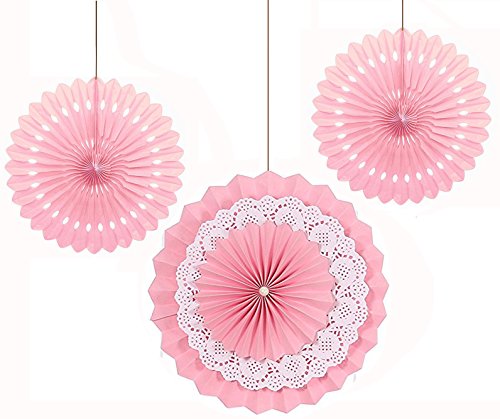 NectaRoy 3er Set Tissue Papier Fans Fächer Dekoration für Babyshower Party Feier Hochzeit Geburtstag Kombination 8" 10" (Rosa)