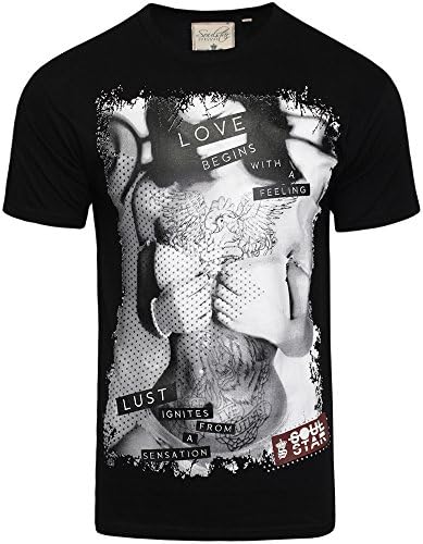Mens New Soulstar Designer Brand Sexy Tattoo Girl Graphic Print T-Shirt Casual (L, Black)