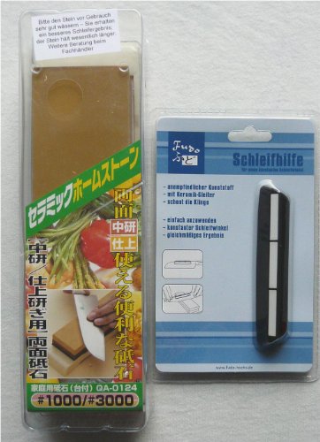 japanischer Wasserstein, Schleifstein für Damast Messer, Körnung 1000 und 3000, mit Winkelklemme