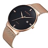 Souarts Herren Armbanduhr Einfach Mesh Metallarmband Casual Analoge Quarz Wasserdicht Datum Kalender Uhr Rosegold