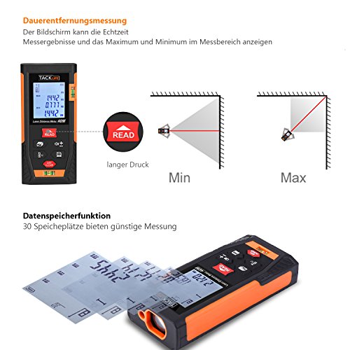 Tacklife HD 40 Klassischer Laser-Entfernungsmesser Distanzmessgerät(Messbreich 0,05~40m/±2mm mit 2 Level Blasen Messeinheit m / in / ft mit Hintergrundbeleuchtung ) - 4