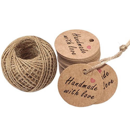 100 Stück 4.3 CM * 4.3 CM Kraftpapier Etiketten Tags Geschenk Anhänger Papieranhänger Hängeetiketten Anhängeetiketten mit Jute-Schnur 30 Meter