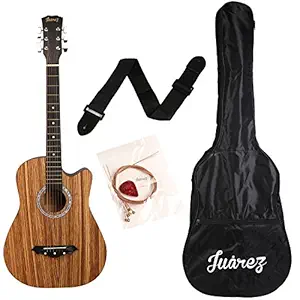 Juarez JRZ38C/ZEB 6 Strings Acoustic Guitar 38 Inch Cutaway, Right Handed, Zebrawood with Bag, Strings, Picks and Strap
