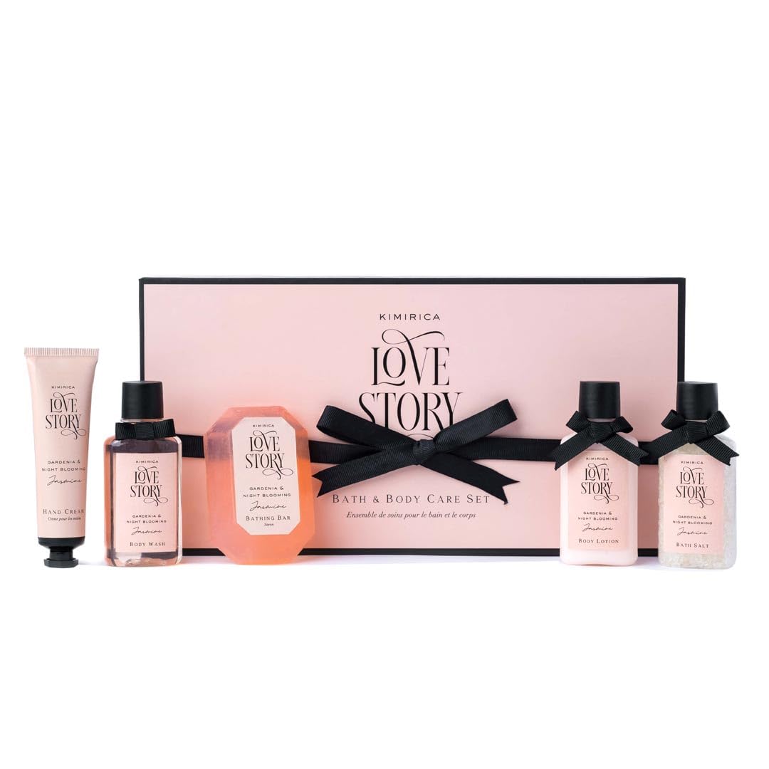 Kimirica Love Story Luxury Bath and Body Care Gift Set Box | Bath Salt, Body Wash, Body Lotion, Bathing Bar and Hand cream | 