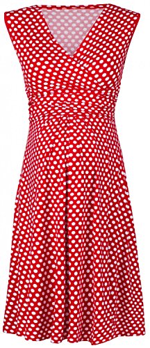 Happy Mama. Women's Maternity Empire Waist Stretch Sleeveless Dress Skater. 110p (Red with Dots, UK 12)