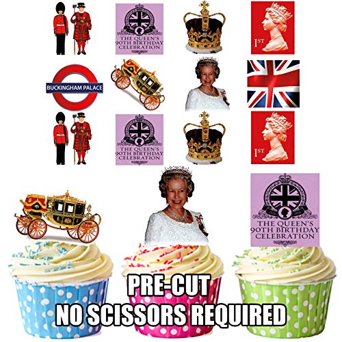 AKGifts - Decorazioni commestibili per torte per il 90° compleanno della Regina Elisabetta, 36 pezzi, per cupcake