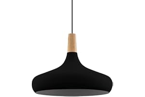 EGLO lampa wisząca Sabinar, lampka do salonu i jadalni, światło z metalu w kolorze czarnym i drewna w kolorze naturalnym, FSC100HB, oświetlenie wiszące, oprawka E27, Ø 40 cm