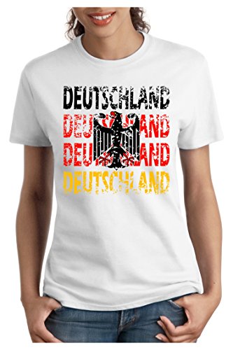 OM3 – DEUTSCHLAND – Damen T-Shirt tailliert – GERMANY EM 2016 FRANKREICH FRANCE FUSSBALL FANSHIRT SOCCER SPORT TRIKOT EUROPAMEISTER, M, weiss