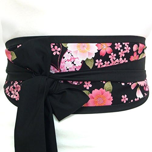 Obi belt sash with Japanese cherry blossom fabric and black ties