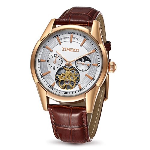 Time100 Multifunctional Skeleton Black White Brown Automatical Mechanical Leather Strap Men's Watch
