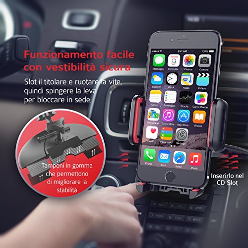 Mpow Porta Cellulare Universale da Auto per CD Slot con un Semplice Pressione, Supporto Cellulare Rotazione di 360 gradi per iPhone 7 / 7 plus / 6 / 6plus / 5S / 5 / 4S / 4, Samsung Galaxy S5 / S4, Samsung Galaxy Note 4/3/2, HTC One, Nexus 4, Lg Nexus 4, Nokia Lumia 920, Plus One, GPS, Radio FM, Lettori MP3, ed altri Smartphone - Roso