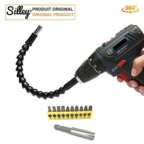 [Originales Modell] Silley® Flexible Welle magnetische Kardangelenk extender 29,5 cm für Schraubendreher Bohrer (Kegelspitze Spannfutter 90 Grad und mehr)