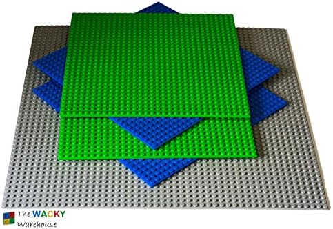 5 x Brick Building Baseplates by Wacky Warehouse. 1 x Large Grey Baseplate (15 inch x 15 inch) 2 x Green Baseplates (10 inch x 10 inch) and 2 x Blue Baseplates (10inch x 10inch)