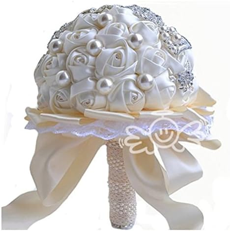 Romantic bridal bouquets handmade silk rose wedding bouquets brooch rhinestone pearl flower with satin ribbon vory