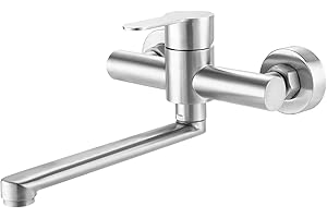 HUIFOO Edelstahl Wasserhahn Wandmontage mit Kalt und Heiß Einhebelmischer, 360° Schwenkarm 23cm, Mischbatterie Küche Gebürstet, Wall Mounted Tap