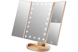 WEILY Tri-składane lusterko do makijażu z powiększeniem 2X / 3X 21 diodami LED, 2 trybami zasilania, przełącznikiem dotykowym Lustro kosmetyczne stołowe (Złoto)
