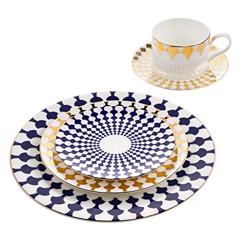 b. von Brandie 5 Stück Fine Bone China Geschirr Set Tellern Tisch Gedeck Teetasse Bali: Navy Blue & Gold on White
