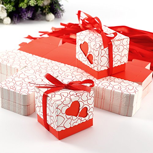 100 x Hochzeit Gastgeschenk Rot Herz Bonboniere Geschenkbox Geschenkschachtel Geschenkverpackung Kartonage Tischdeko - 4