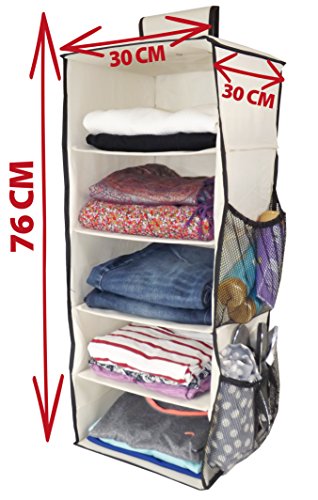 Neusu Heavy-Duty Kleiderschrank-Hängeaufbewahrung – 5 Regalfächer Plus 4 Seitentaschen – Beige 600D Stoff – 30 cm x 30 cm x 76 cm (65+ Liter Fassungsvermögen) (Beige) - 4