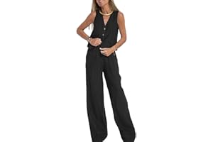 SUYUKU Lässige Damen-Outfits, Baumwollleinen, 2-teiliges Set, locker, ärmellos, Knopf, Weste, weites Bein, Hose, Bequeme Hose, Sommerblazer, Business-Anzug, Loungewear, S-XXL