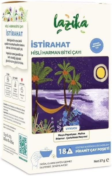 Lazika Bitki Çayı – İstirahat, Papatya ve Melisalı Akşam Ritüeli Çayı, Kafeinsiz, 18'li Piramit Poşet