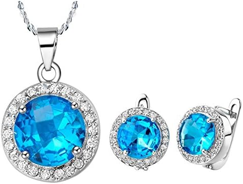 Layla Jewellery 18k White Gold Plated Alloy Swarovski Elements Crystal Jewelry Set include Pendant Necklace and Stud Earrings for Ladies 0cean Blue(Round Brilliant)