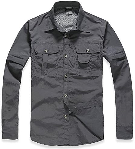 Quick Dry Shirt, ADiPROD Men's Water Repellent Sun UV Protection Convertible Long Sleeve Hiking Camping (Gray, Large)