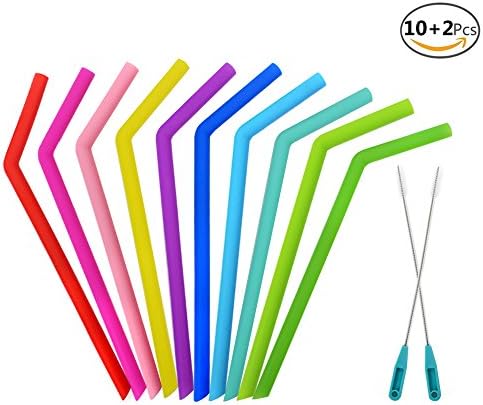 JUSLIN 10Pcs Reusable Angled Silicone Drinking Straws with 2 Cleaning Brushes, Assorted Color