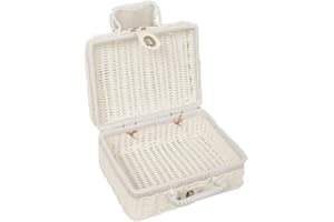 TOMOTATO Cesta de Picnic Tejida, Cesta de Picnic de Maleta de Ratán de Plástico con Asas y Cerradura de Metal para Acampar al Aire Libre, Accesorio Fotográfico(L-Blanco)