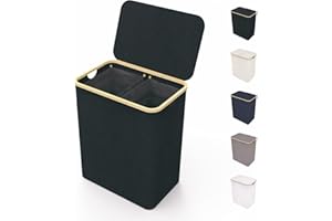 Lonbet - Czarny kosz na pranie z pokrywką, kosz na pranie z pokrywką, rozmiar XXL, 150 l, kosz na pranie z uchwytami, kosz na ubrania do sypialni, kosz na pranie z pokrywką i bambusem, do kosza na