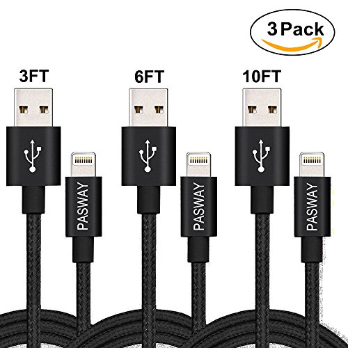 Lightning Kabel Pasway iPhone Ladekabel 3 Pack (1M, 2M, 3M) Nylon Geflochtenes USB Kabel mit Lightning Connector für iPhone 6/6 Plus/6S, iPad Air 2, iPad Pro und mehr Schwarz