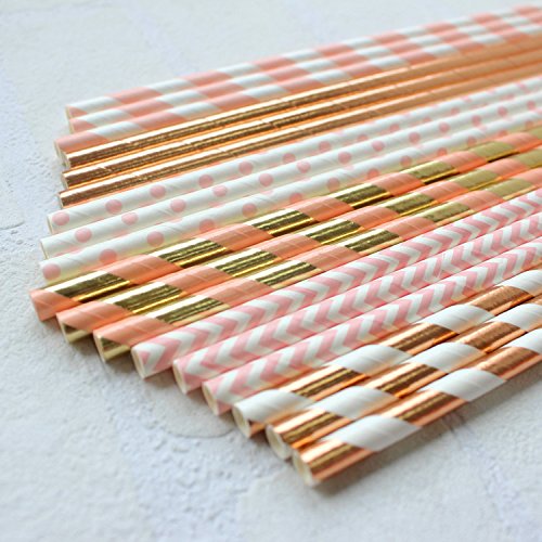 Ipalmay Trinkhalme, biologisch abbaubar, aus Papier, verschiedene Muster (gestreift und gepunktet), Länge: je 19,7 cm, Violett / goldfarben, 150 Stück Rose Gold & Pink - 2