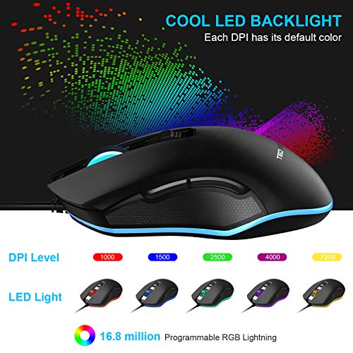 TECKNET Gaming - Rat  n   ptico con 6 Botones Programables  16 8 Millones de RGB Programable Lightning  4 DPI Ajustable para PC  Computadora y Computadora Port  til  Negro