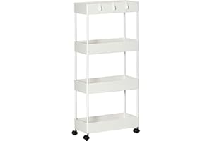 HOMCOM Carro de Cocina de Almacenamiento de 4 Niveles Carrito Auxiliar con Ruedas 4 Cestas y 4 Ganchos Extraíbles Carrito de Cocina para Comedor Baño Salón 40x19x90 cm Blanco