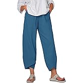 Womens's Cropped Trousers 3/4 Length Linen Pants Summer Casual Loose Capri Trousers With Pocket Plain Elasticated Waist Drawstring 3 Quarter Shorts