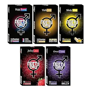 NOTTY BOY Honeymoon Condoms Kit - Ultra Thin Banana, Strawberry, 4IN1 Ribs Dots Contour Climax Delay, 1500 Dots - (5x10s)