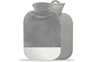 WEIQILE Botella de agua caliente con funda, funda extraíble, lavable, bolsa de agua caliente para compresión fría y caliente, cálida y cómoda (gris, 2000 ml)