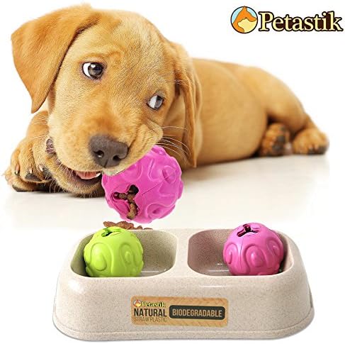 Treat Balls x 2 and Bio-degradable Double Bowl Premium Quality Double Dog Bowl for Small / Big Dogs by Petastik