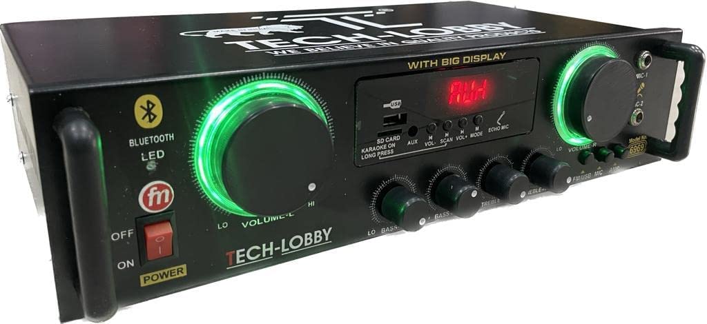Tech-lobby 4 Channel Stereo Amplifier with Karaoke LED Display/Bluetooth/2MIC Input/USB/SD Card Slot/FM Radio/AUX Input/Remote Control & Built-in Equalizer with Bass, Treble & Balance Control.